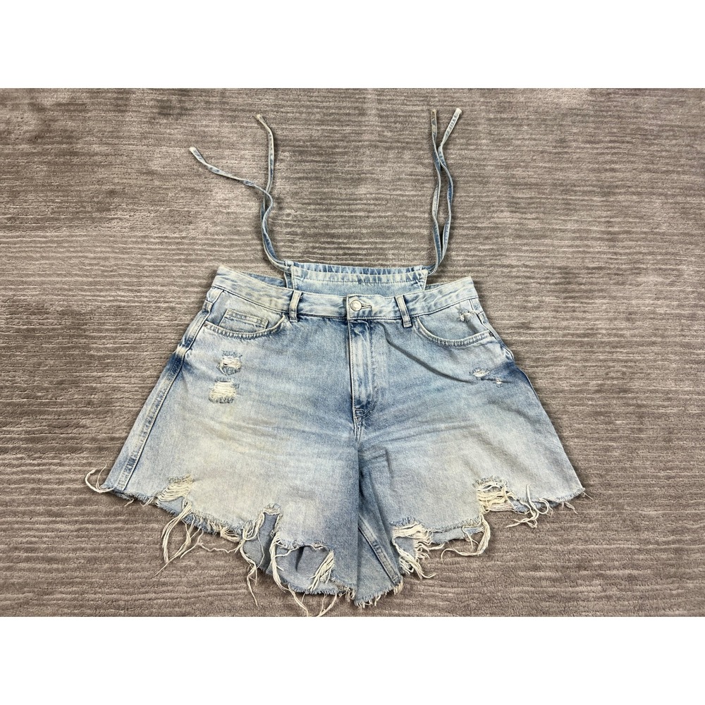 Bershka Denim Shorts Women 6 Light Blue Distressed Detachable Bib Raw Hem Ripped